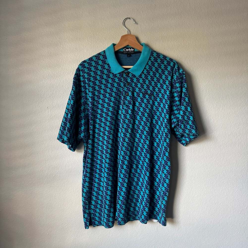 Vintage Carlyle USA Teal Blue All Over Pattern Polo Shirt Large 90s